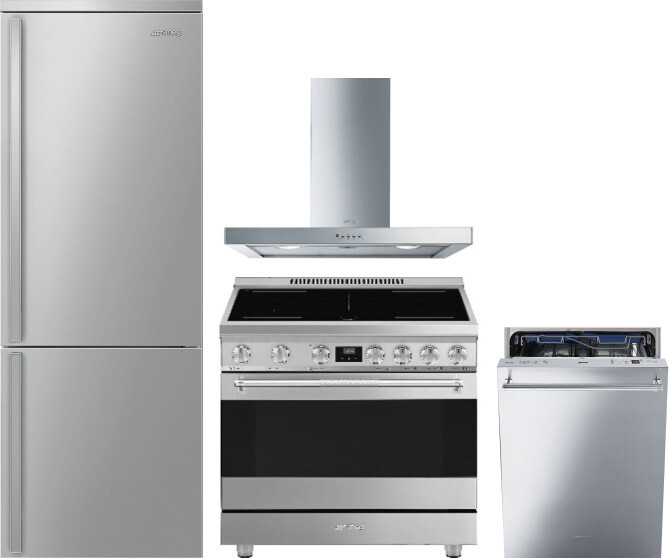 Smeg 4 Piece Kitchen Appliances Package with Bottom Freezer Refrigerator, Induction Range and Dishwasher in Stainless Steel SMRERADWRH713
