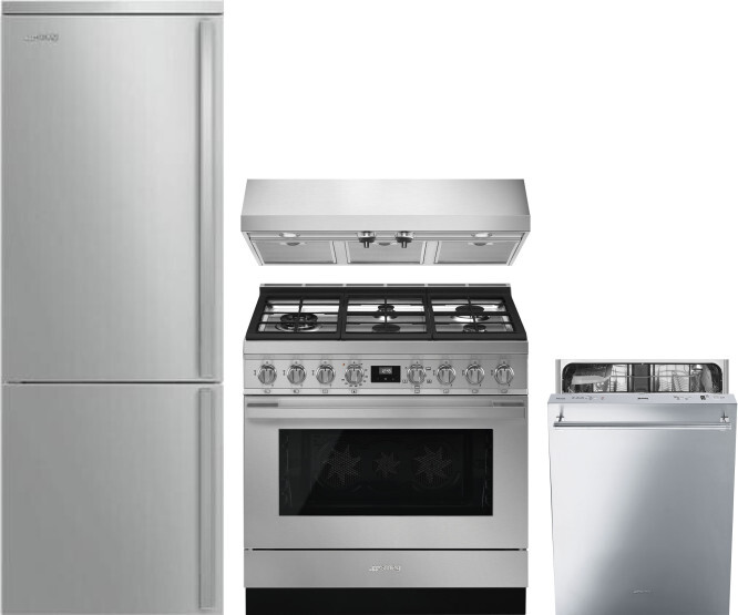 Smeg 4 Piece Kitchen Appliances Package with Bottom Freezer Refrigerator, Gas Range and Dishwasher in Stainless Steel SMRERADWRH714