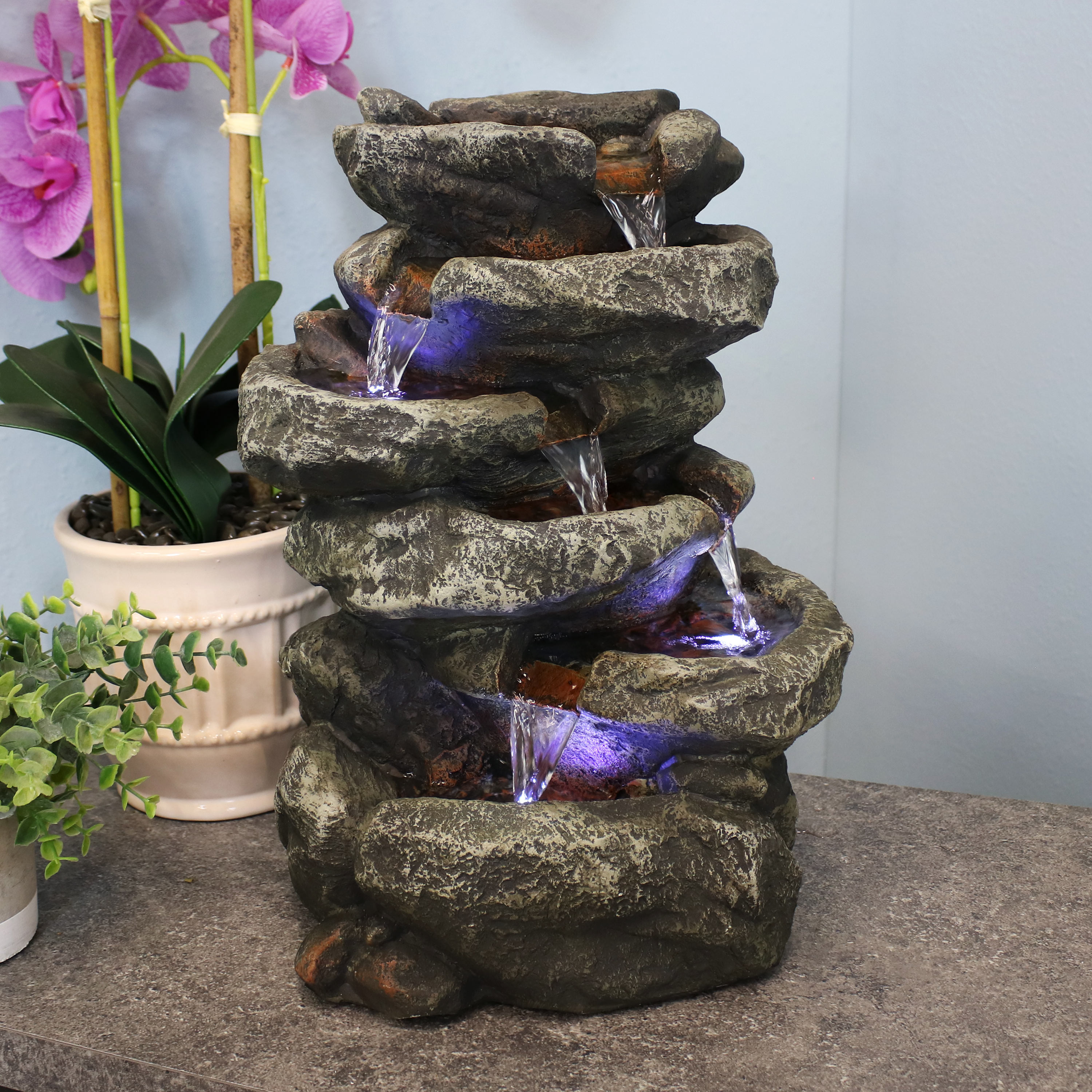 Sunnydaze 6-Tier Stone Falls Tabletop Water Fountain with LED Light - 15-Inch