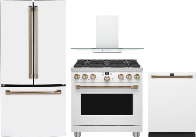 Cafe 4 Piece Kitchen Appliances Package with French Door Refrigerator, Dual Fuel Range and Dishwasher in Matte White CAFRERADWMW1071