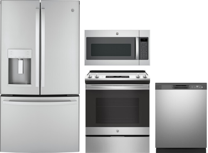 GE 4 Piece Kitchen Appliances Package with French Door Refrigerator, Electric Range, Dishwasher and Over the Range Microwave in Stainless Steel GERERA