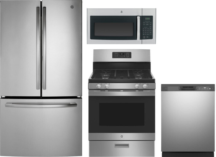 GE 4 Piece Kitchen Appliances Package with French Door Refrigerator, Gas Range, Dishwasher and Over the Range Microwave in Stainless Steel GERERADWMW3