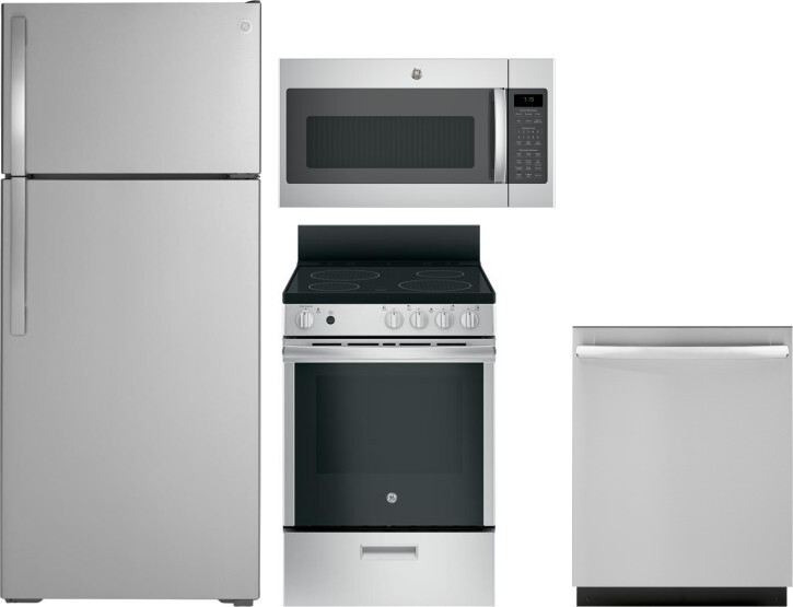 GE 4 Piece Kitchen Appliances Package with Top Freezer Refrigerator, Electric Range, Dishwasher and Over the Range Microwave in Stainless Steel GERERA