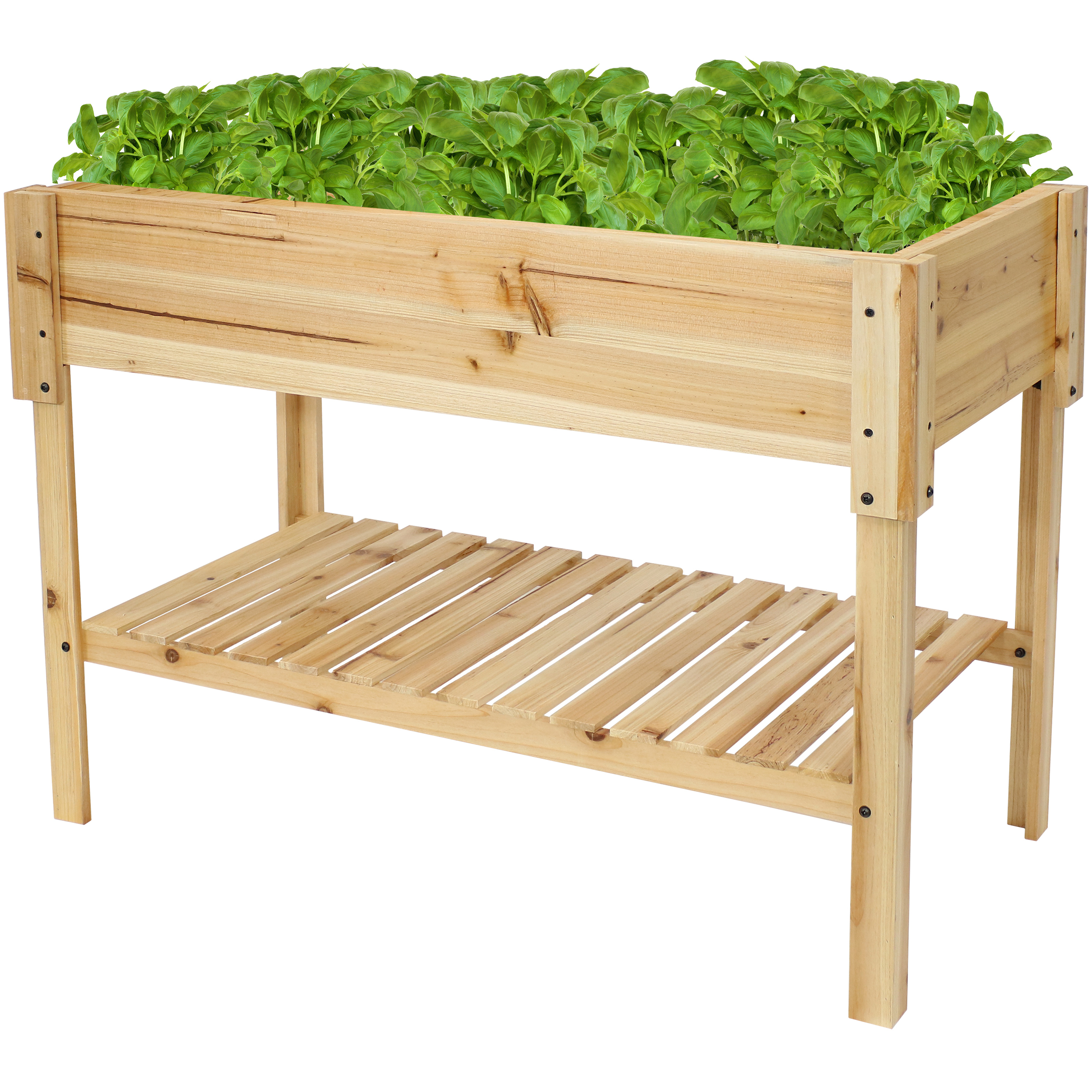 Sunnydaze Raised Wood Garden Bed Planter Box with Shelf - 42-Inch - Clear Coat