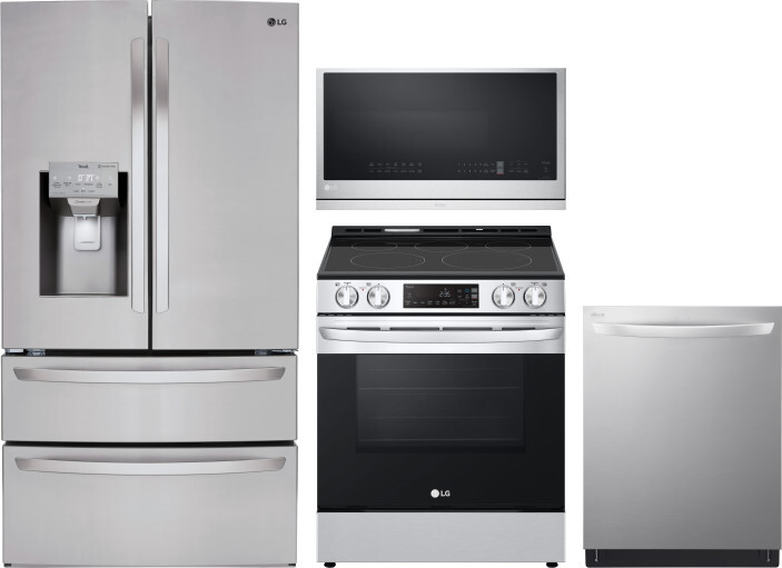 LG 4 Piece Kitchen Appliances Package with French Door Refrigerator, Electric Range, Dishwasher and Over the Range Microwave in Stainless Steel LGRERA