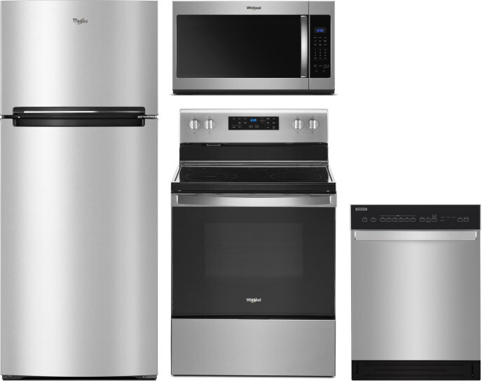 Whirlpool 4 Piece Kitchen Appliances Package with Top Freezer Refrigerator, Electric Range, Dishwasher and Over the Range Microwave in Stainless Steel