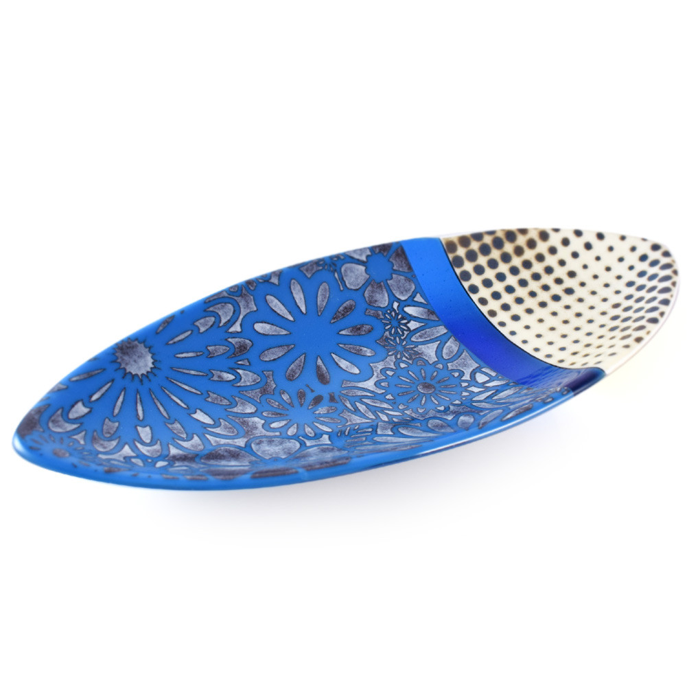 Fused Glass Blue Floral Pattern Oval Platter, 15&#226;&#8364;&#157;