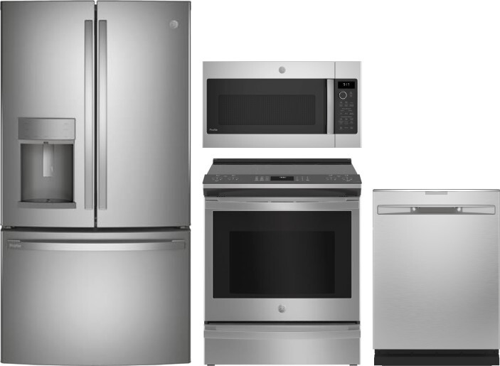 GE Profile 4 Piece Kitchen Appliances Package with French Door Refrigerator, Electric Range, Dishwasher and Over the Range Microwave in Stainless Stee