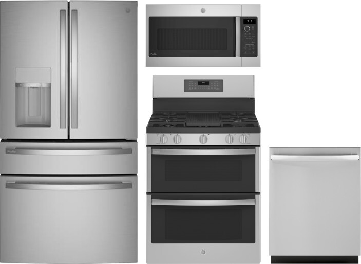 GE Profile 4 Piece Kitchen Appliances Package with French Door Refrigerator, Gas Range, Dishwasher and Over the Range Microwave in Stainless Steel GER