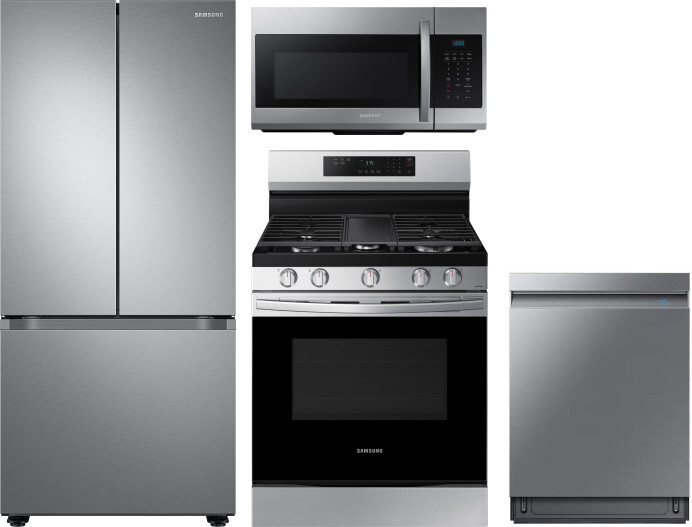 Samsung 4 Piece Kitchen Appliances Package with French Door Refrigerator, Gas Range, Dishwasher and Over the Range Microwave in Stainless Steel SARERA