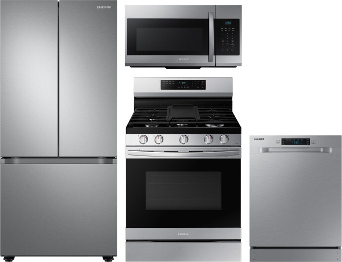 Samsung 4 Piece Kitchen Appliances Package with French Door Refrigerator, Gas Range, Dishwasher and Over the Range Microwave in Stainless Steel SARERA
