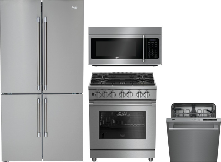 Beko 4 Piece Kitchen Appliances Package with French Door Refrigerator, Dual Fuel Range, Dishwasher and Over the Range Microwave in Stainless Steel BEK