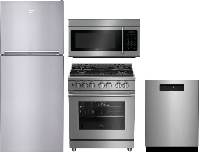Beko 4 Piece Kitchen Appliances Package with Top Freezer Refrigerator, Dual Fuel Range, Dishwasher and Over the Range Microwave in Stainless Steel BER