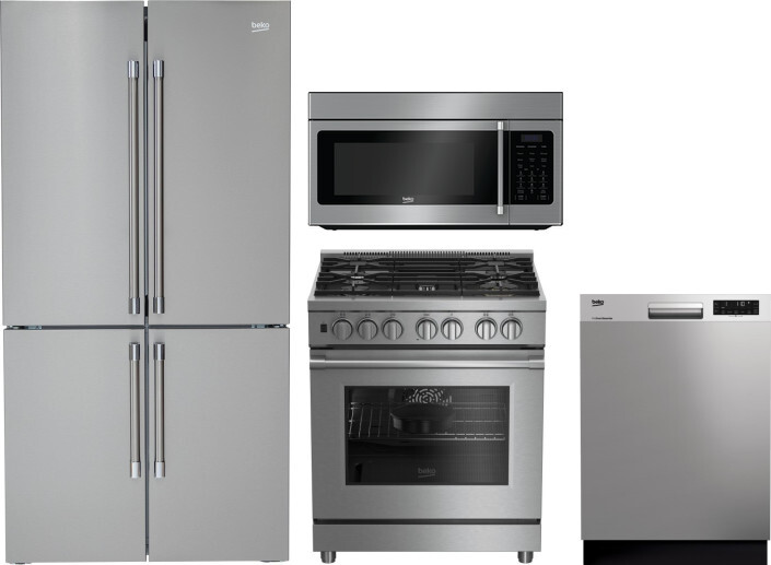 Beko 4 Piece Kitchen Appliances Package with French Door Refrigerator, Dual Fuel Range, Dishwasher and Over the Range Microwave in Stainless Steel BER
