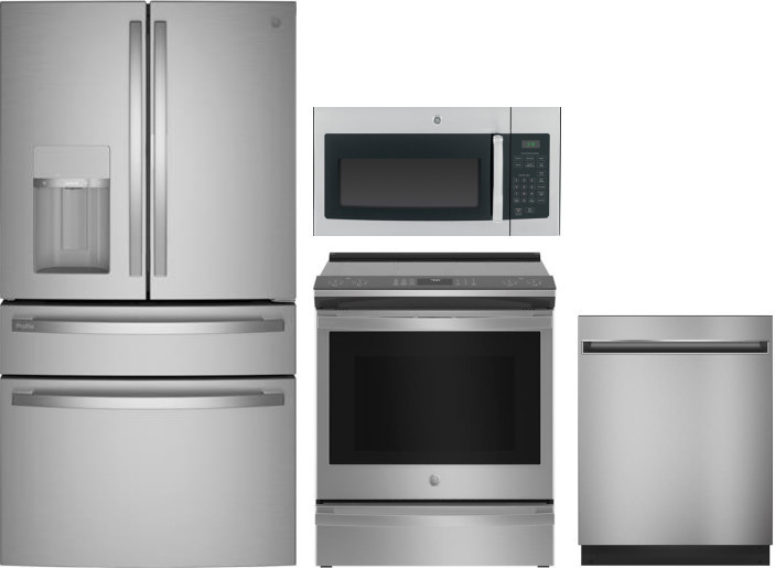 GE Profile 4 Piece Kitchen Appliances Package with French Door Refrigerator, Induction Range, Dishwasher and Over the Range Microwave in Stainless Ste