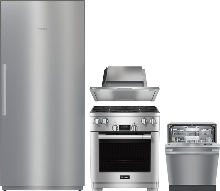 Miele 4 Piece Kitchen Appliances Package with Column Refrigerator, Dual Fuel Range and Dishwasher in Stainless Steel MIRERADWRH3040