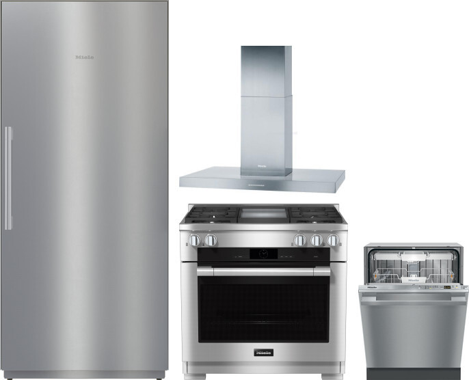 Miele 4 Piece Kitchen Appliances Package with Column Refrigerator, Dual Fuel Range and Dishwasher in Stainless Steel MIRERADWRH3055