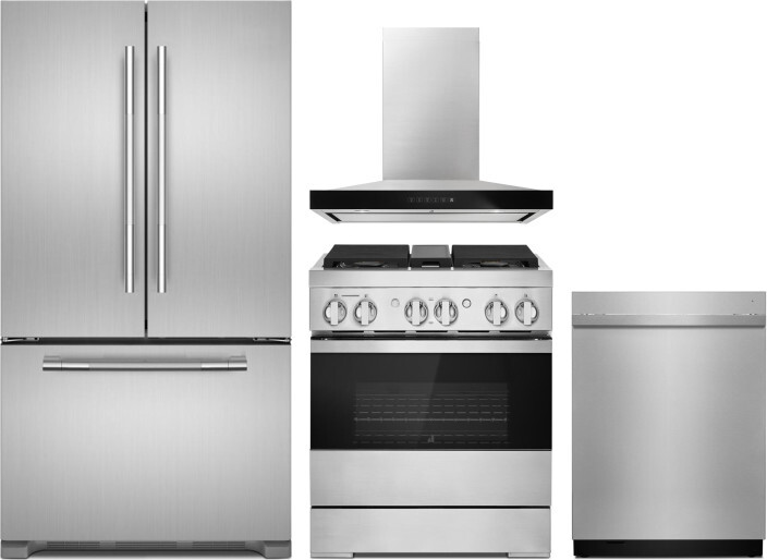 JennAir 4 Piece Kitchen Appliances Package with French Door Refrigerator, Gas Range and Dishwasher in Stainless Steel JARERADWRH729