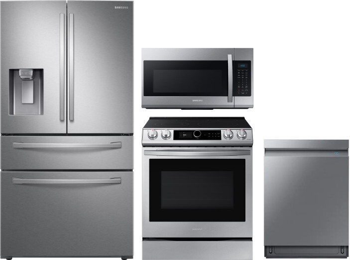 Samsung 4 Piece Kitchen Appliances Package with French Door Refrigerator, Electric Range, Dishwasher and Over the Range Microwave in Stainless Steel S