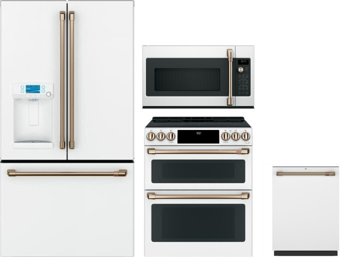 Cafe 4 Piece Kitchen Appliances Package with French Door Refrigerator, Induction Range, Dishwasher and Over the Range Microwave in Matte White CAFRERA