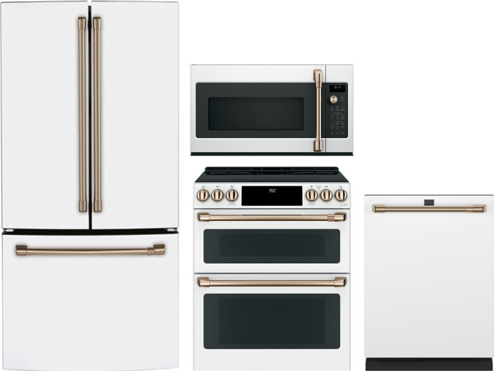 Cafe 4 Piece Kitchen Appliances Package with French Door Refrigerator, Induction Range, Dishwasher and Over the Range Microwave in Matte White CAFRERA