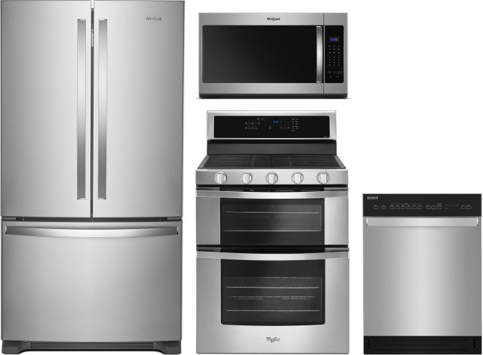 Whirlpool 4 Piece Kitchen Appliances Package with French Door Refrigerator, Gas Range, Dishwasher and Over the Range Microwave in Stainless Steel WPRE