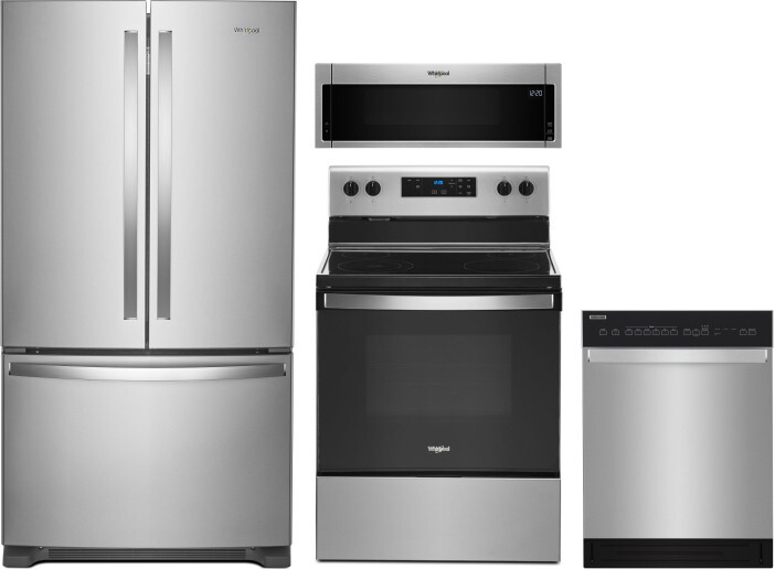 Whirlpool 4 Piece Kitchen Appliances Package with French Door Refrigerator, Electric Range, Dishwasher and Over the Range Microwave in Stainless Steel