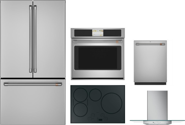 Cafe 5 Piece Kitchen Appliances Package with French Door Refrigerator and Dishwasher in Stainless Steel CAFRECTWODWRH20