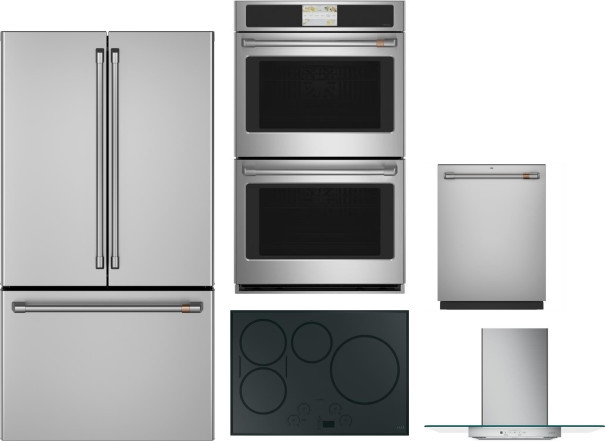 Cafe 5 Piece Kitchen Appliances Package with French Door Refrigerator and Dishwasher in Stainless Steel CAFRECTWODWRH26