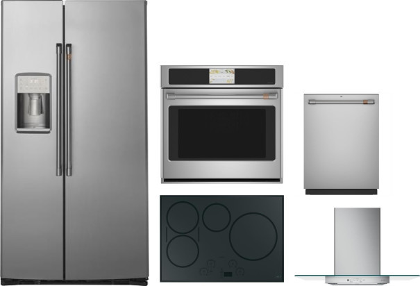 Cafe 5 Piece Kitchen Appliances Package with Side-by-Side Refrigerator and Dishwasher in Stainless Steel CAFRECTWODWRH56