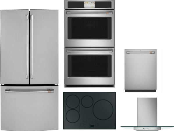 Cafe 5 Piece Kitchen Appliances Package with French Door Refrigerator and Dishwasher in Stainless Steel CAFRECTWODWRH8