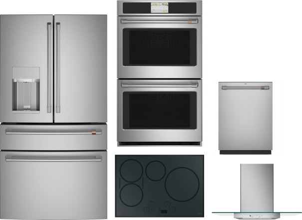 Cafe 5 Piece Kitchen Appliances Package with French Door Refrigerator and Dishwasher in Stainless Steel CAFRECTWODWRH80