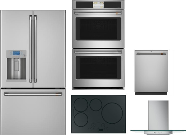 Cafe 5 Piece Kitchen Appliances Package with French Door Refrigerator and Dishwasher in Stainless Steel CAFRECTWODWRH98