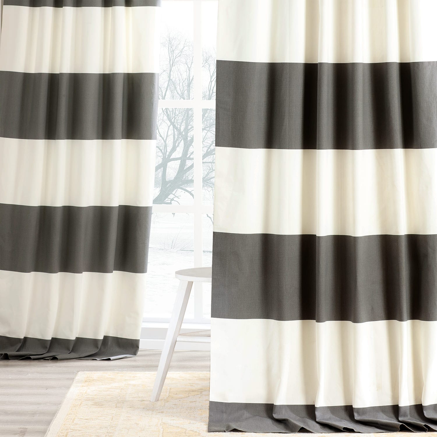 Slate Grey &amp; Off White Horizontal Stripe Curtain