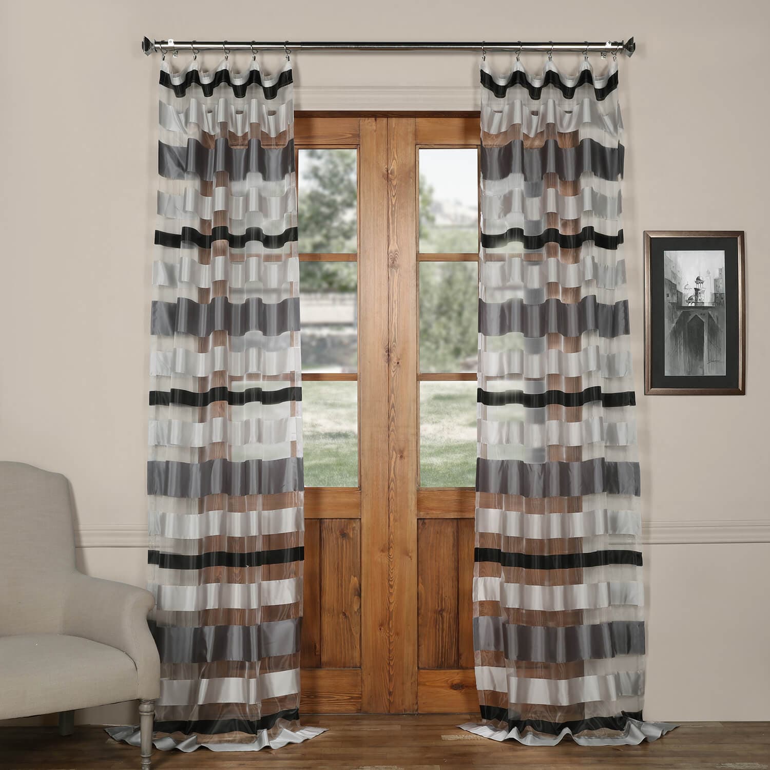Cloudburst Grey Organza Horizontal Stripe Sheer Curtain