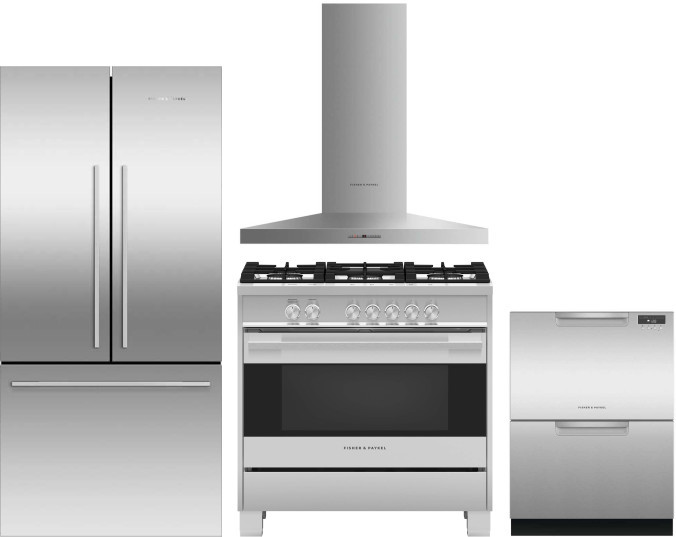 Fisher & Paykel Active Smart 4 Piece Kitchen Appliances Package with French Door Refrigerator, Gas Range and Dishwasher in Stainless Steel FPRERADWRH5