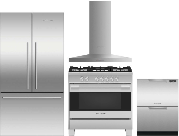 Fisher & Paykel Active Smart 4 Piece Kitchen Appliances Package with French Door Refrigerator, Gas Range and Dishwasher in Stainless Steel FPRERADWRH5