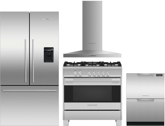 Fisher & Paykel Series 7 4 Piece Kitchen Appliances Package with French Door Refrigerator, Gas Range and Dishwasher in Stainless Steel FPRERADWRH526